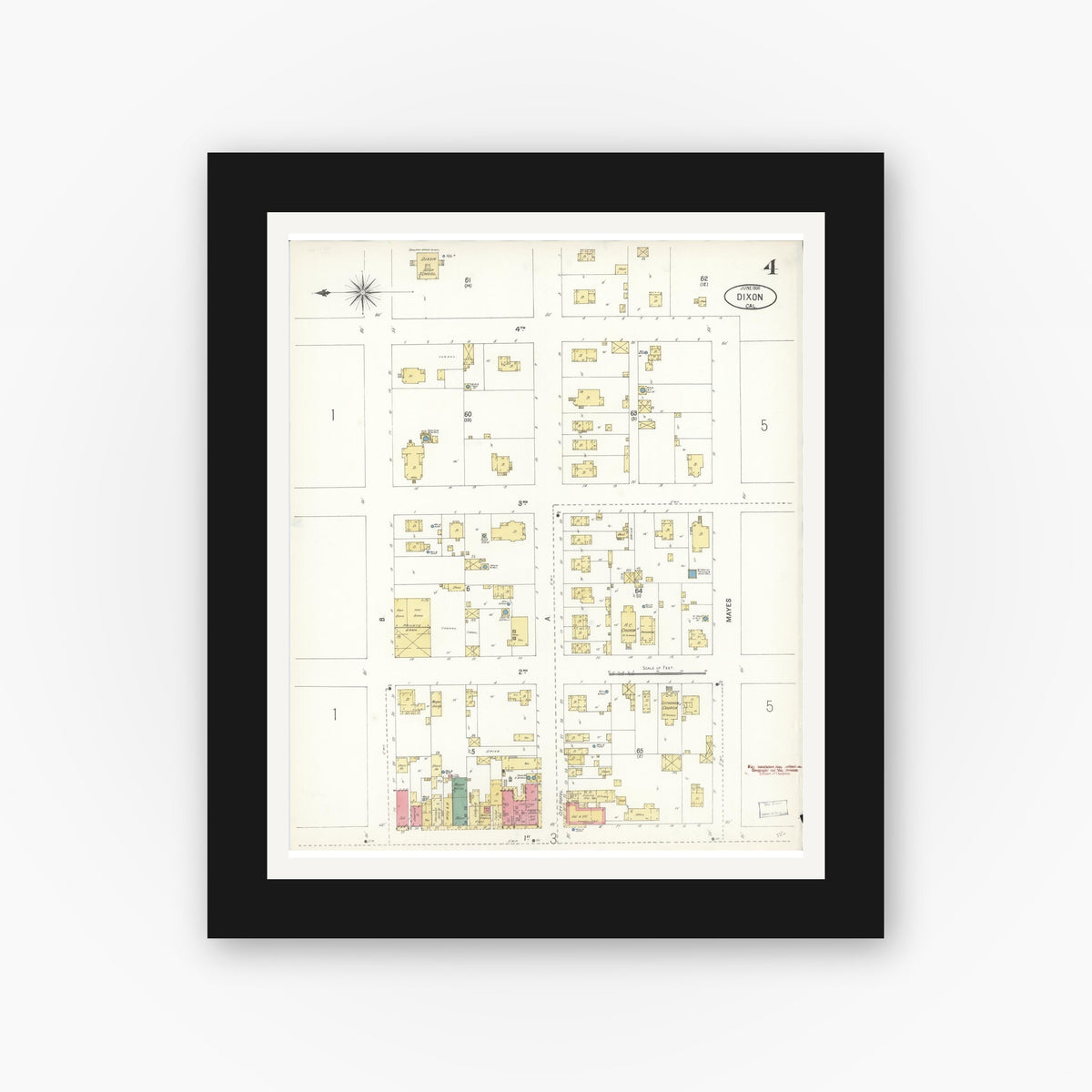 Old map wall art mockup — black gallery frame with white mat — Sanborn Fire Insurance Map from Dixon, Solano County, California (1900), Sheet #0004