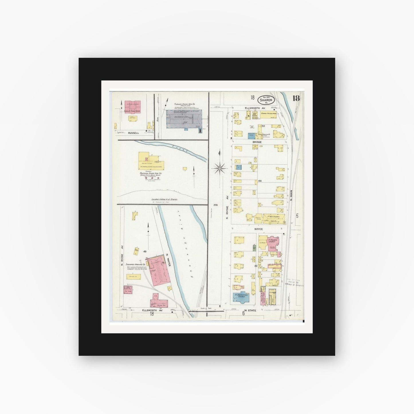 Old map wall art mockup — black gallery frame with white mat — Sanborn Fire Insurance Map from Sharon, Mercer County, Pennsylvania (1908), Sheet #0018
