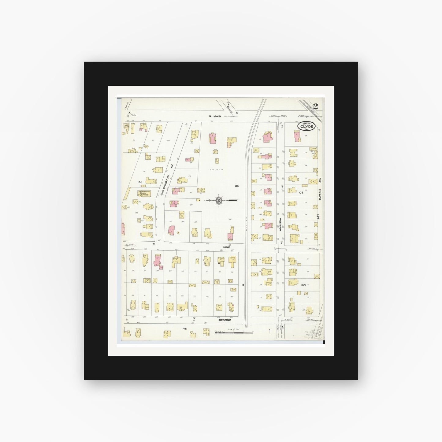 Old map wall art mockup — black gallery frame with white mat — Sanborn Fire Insurance Map from Clyde, Sandusky County, Ohio (1911), Sheet #0002