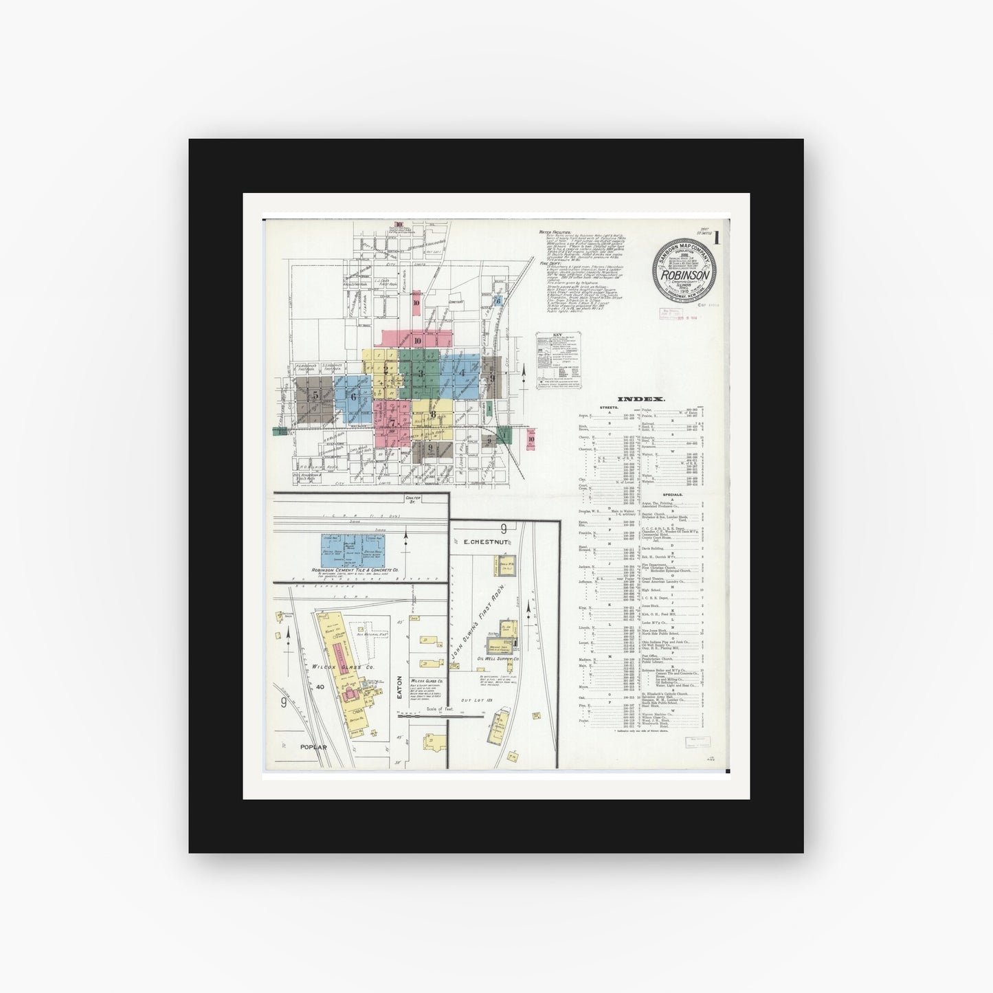 Old map wall art mockup — black gallery frame with white mat — Sanborn Fire Insurance Map from Robinson, Crawford County, Illinois (1910) - Complete Map Set