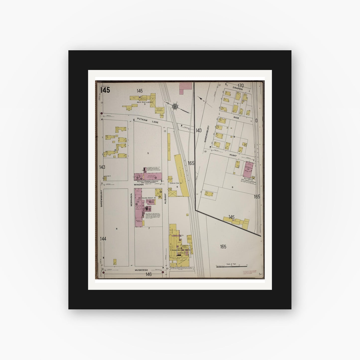 Old map wall art mockup — black gallery frame with white mat — Sanborn Fire Insurance Map from Worcester, Worcester County, Massachusetts (1910), Sheet #0145