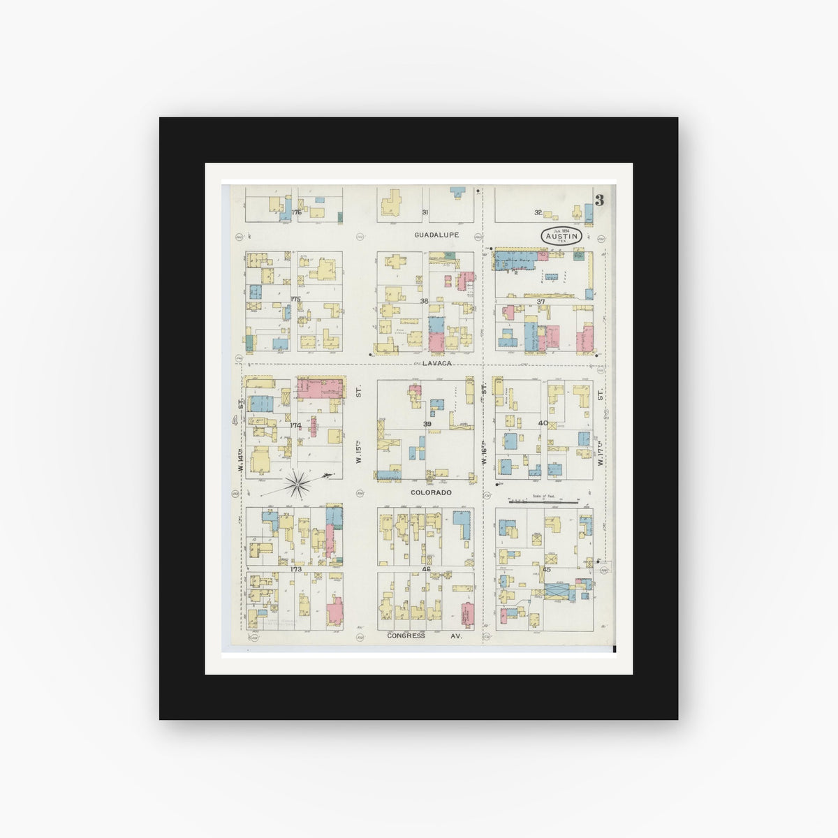 Old map wall art mockup — black gallery frame with white mat — Sanborn Fire Insurance Map from Austin, Travis County, Texas (1894), Sheet #0003