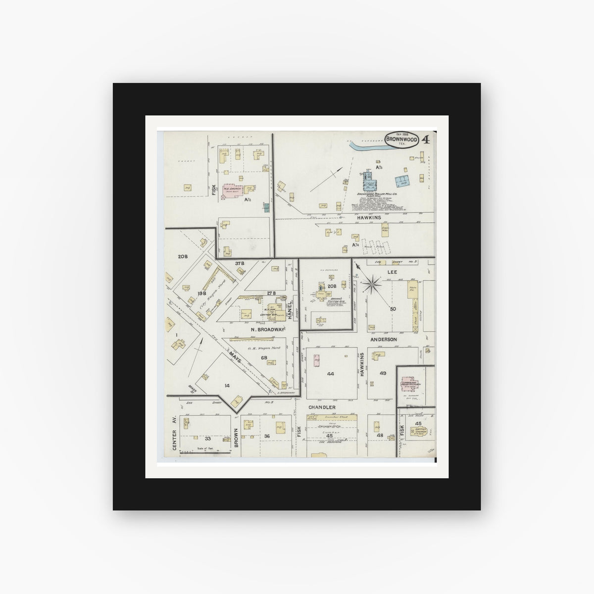 Old map wall art mockup — black gallery frame with white mat — Sanborn Fire Insurance Map from Brownwood, Brown County, Texas (1888), Sheet #0004