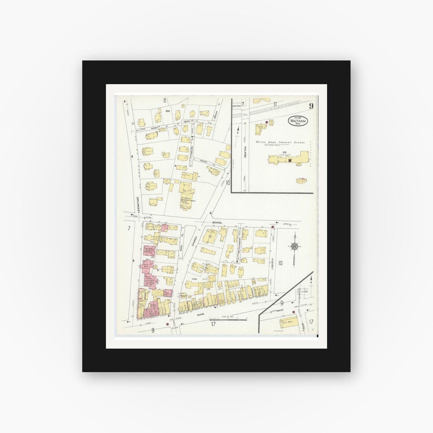 Old map wall art mockup — black gallery frame with white mat — Sanborn Fire Insurance Map from Waltham, Middlesex County, Massachusetts (1911), Sheet #0009
