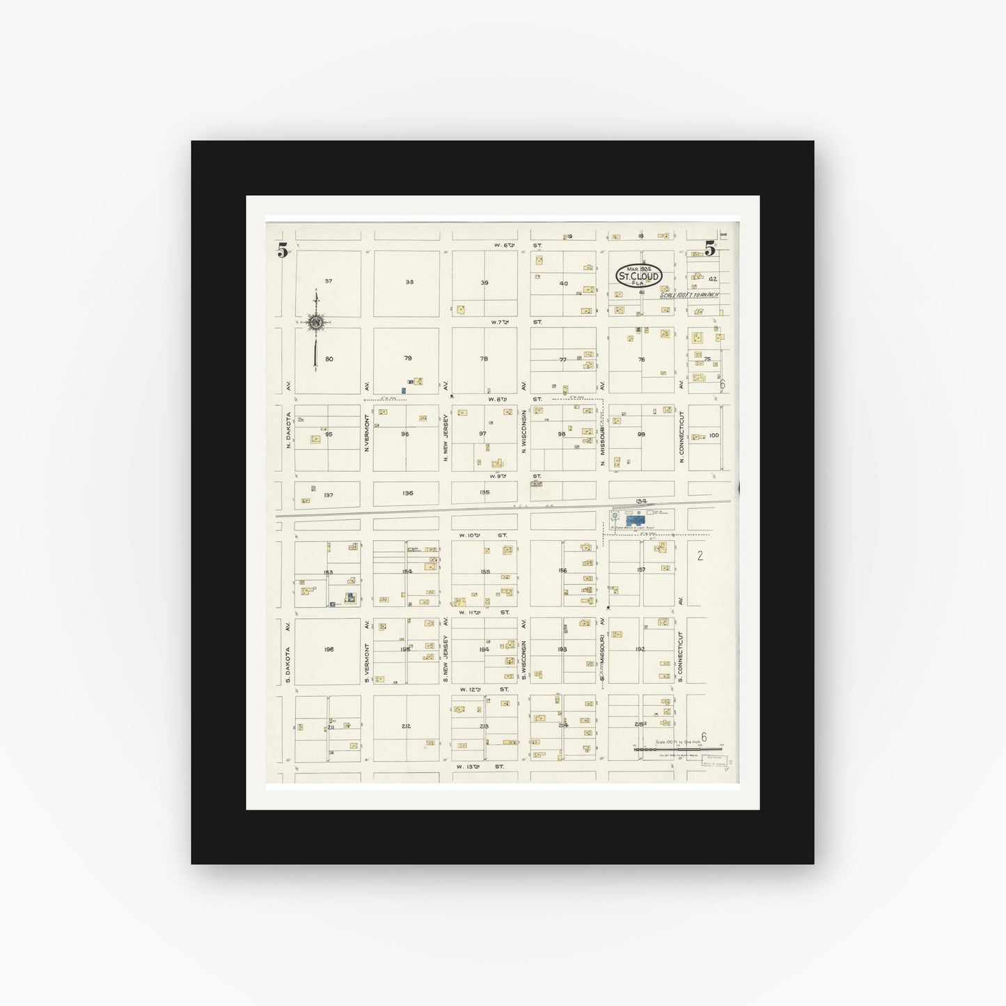 Old map wall art mockup — black gallery frame with white mat — Sanborn Fire Insurance Map from Saint Cloud, Osceola County, Florida (1924), Sheet #0005