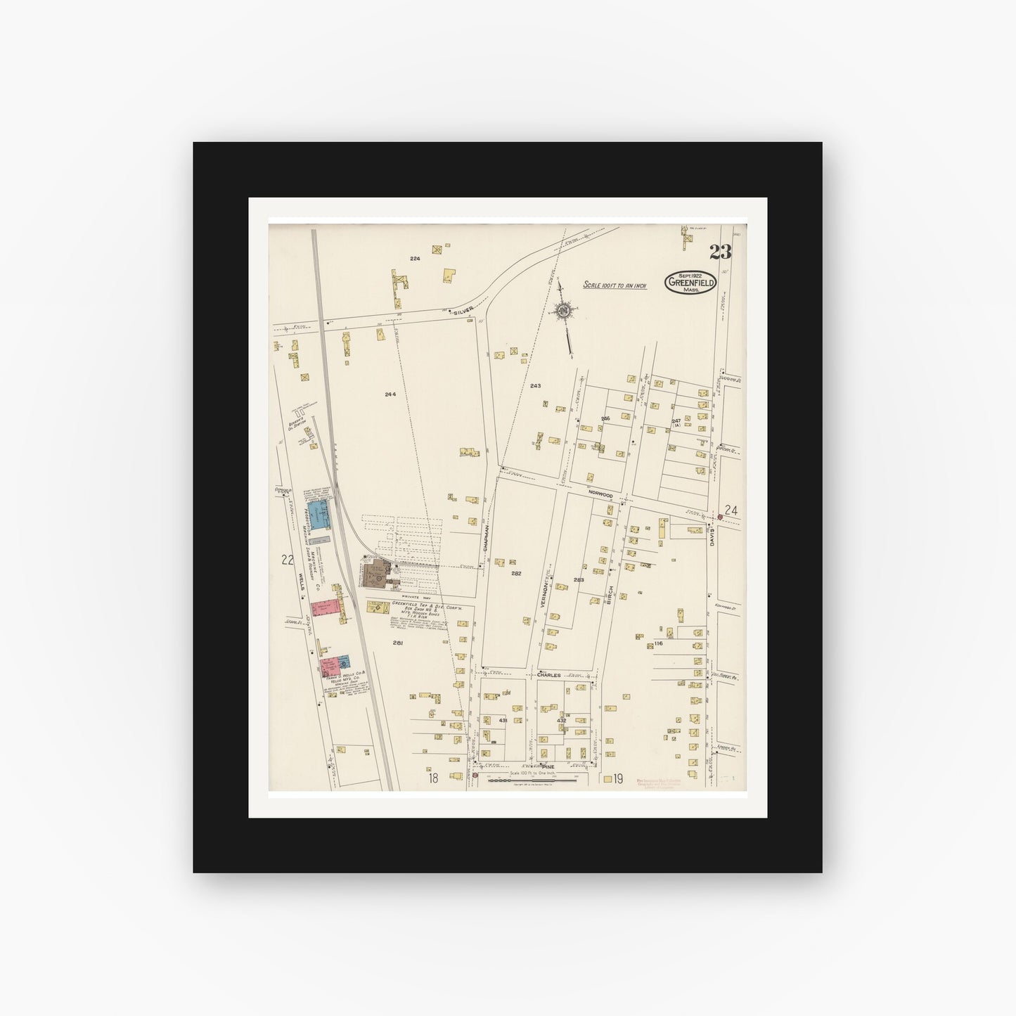 Old map wall art mockup — black gallery frame with white mat — Sanborn Fire Insurance Map from Greenfield, Franklin County, Massachusetts (1922), Sheet #0023