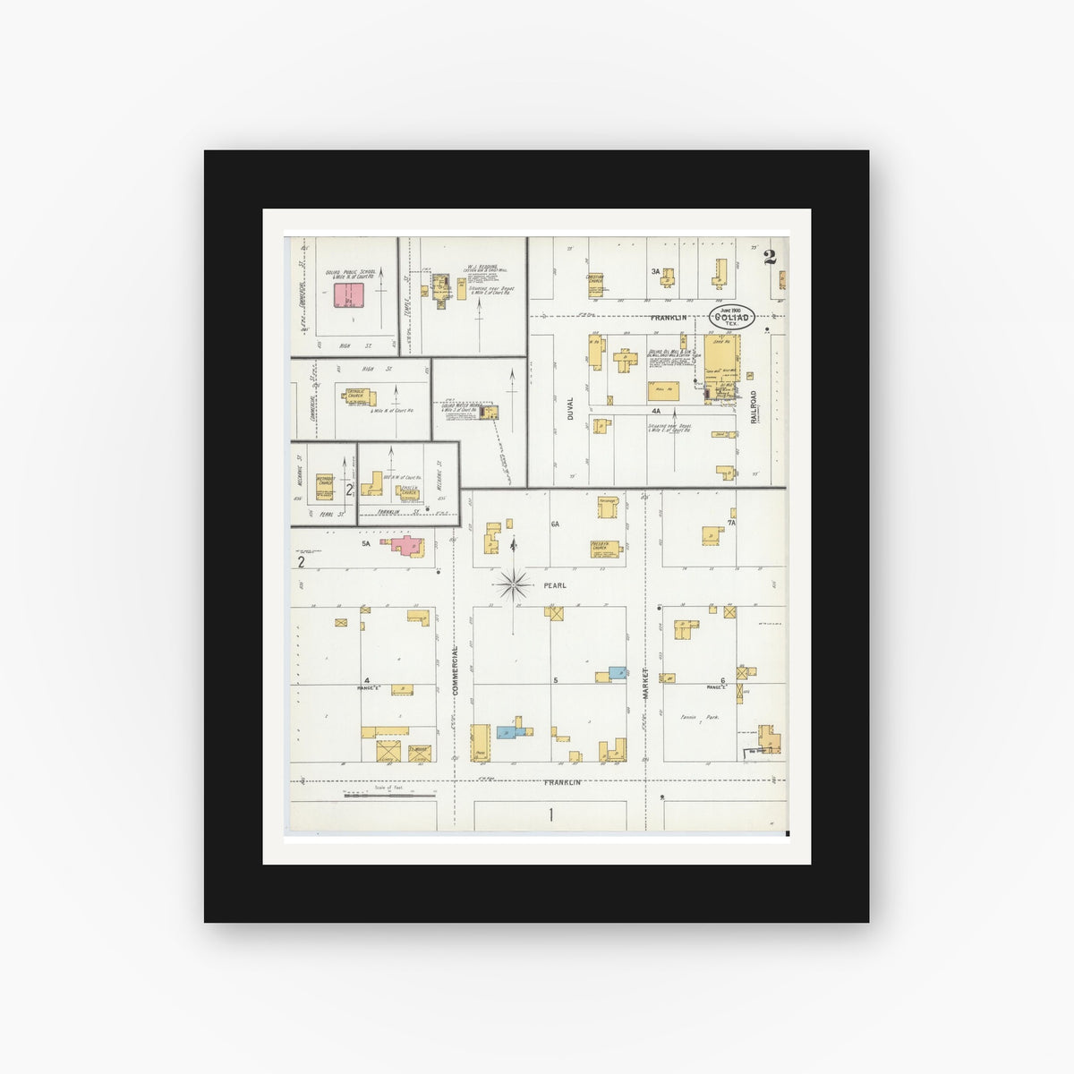 Old map wall art mockup — black gallery frame with white mat — Sanborn Fire Insurance Map from Goliad, Goliad County, Texas (1900), Sheet #0002