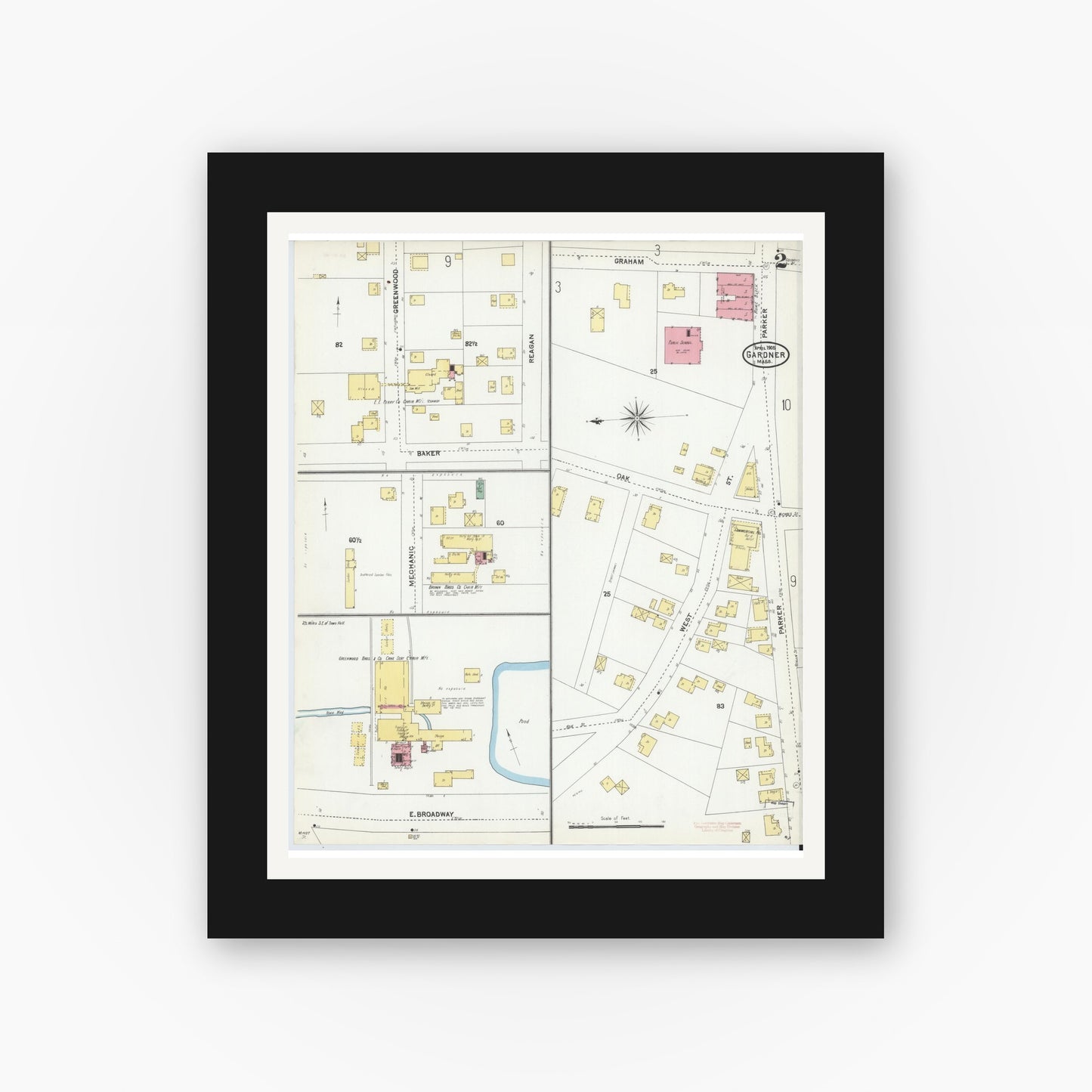Old map wall art mockup — black gallery frame with white mat — Sanborn Fire Insurance Map from Gardner, Worcester County, Massachusetts (1905), Sheet #0002