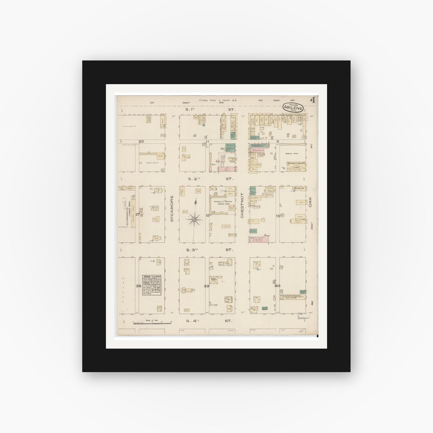 Old map wall art mockup — black gallery frame with white mat — Sanborn Fire Insurance Map from Abilene, Taylor County, Texas (1885), Sheet #0004