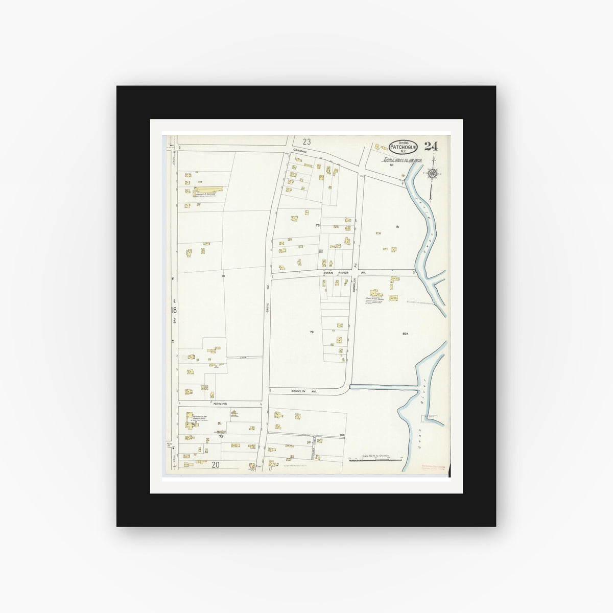 Old map wall art mockup — black gallery frame with white mat — Sanborn Fire Insurance Map from Patchogue, Suffolk County, New York (1916), Sheet #0024