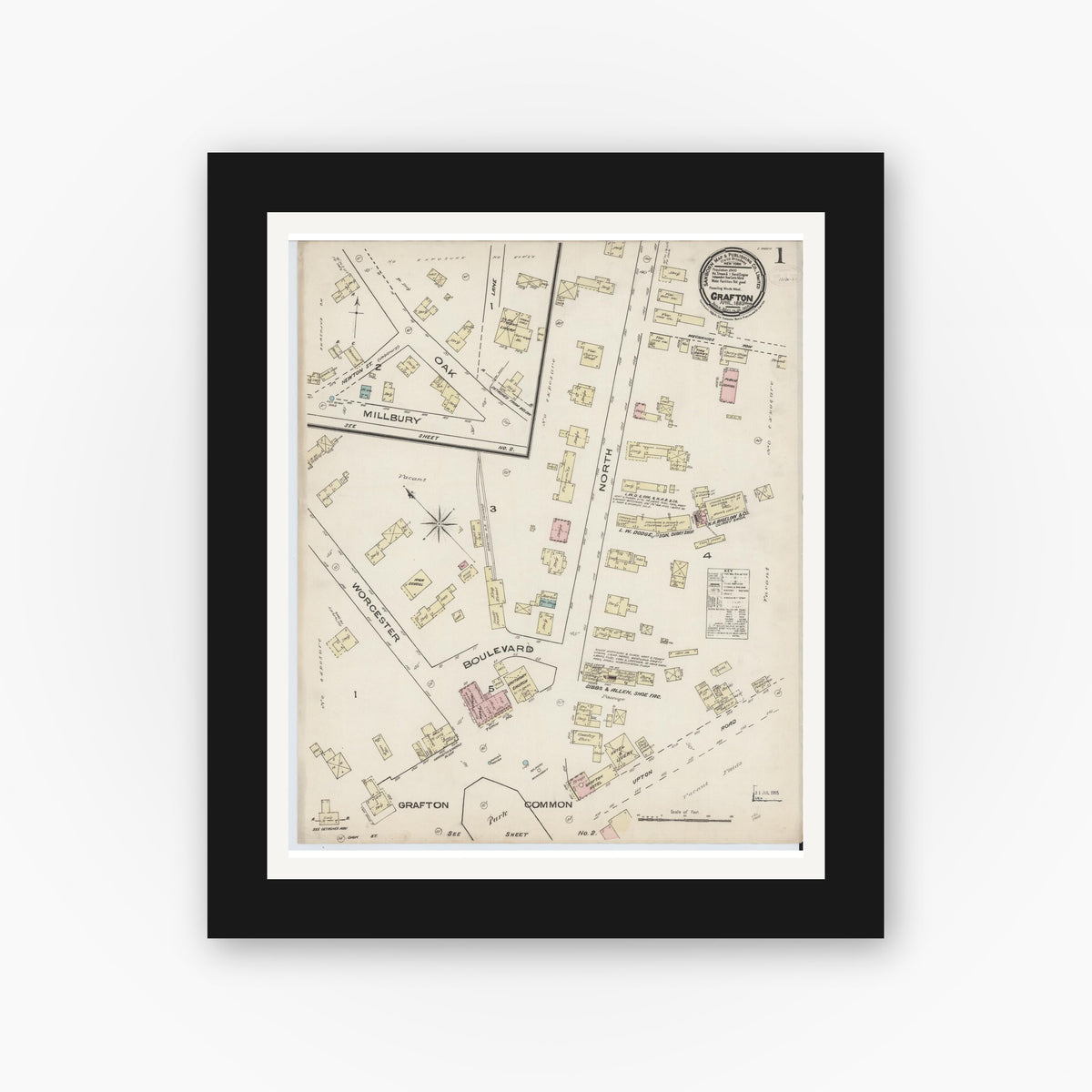 Old map wall art mockup — black gallery frame with white mat — Sanborn Fire Insurance Map from Grafton, Worcester County, Massachusetts (1885), Sheet #0001