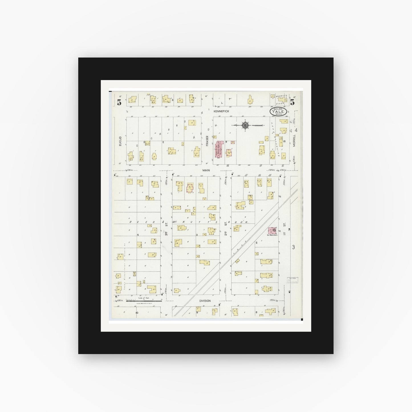 Old map wall art mockup — black gallery frame with white mat — Sanborn Fire Insurance Map from Yale, Saint Clair County, Michigan (1924), Sheet #0005