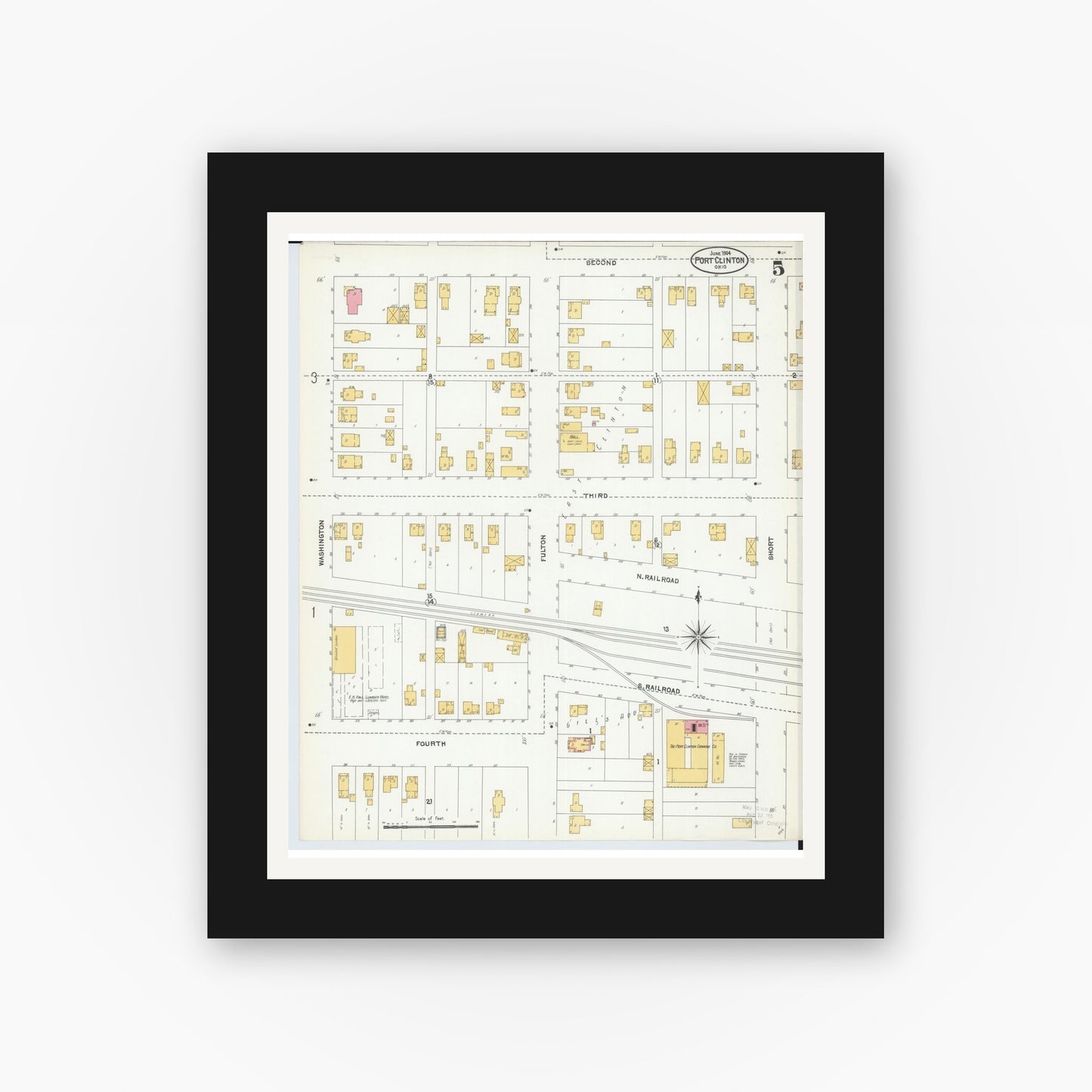 Old map wall art mockup — black gallery frame with white mat — Sanborn Fire Insurance Map from Port Clinton, Ottawa County, Ohio (1904), Sheet #0005
