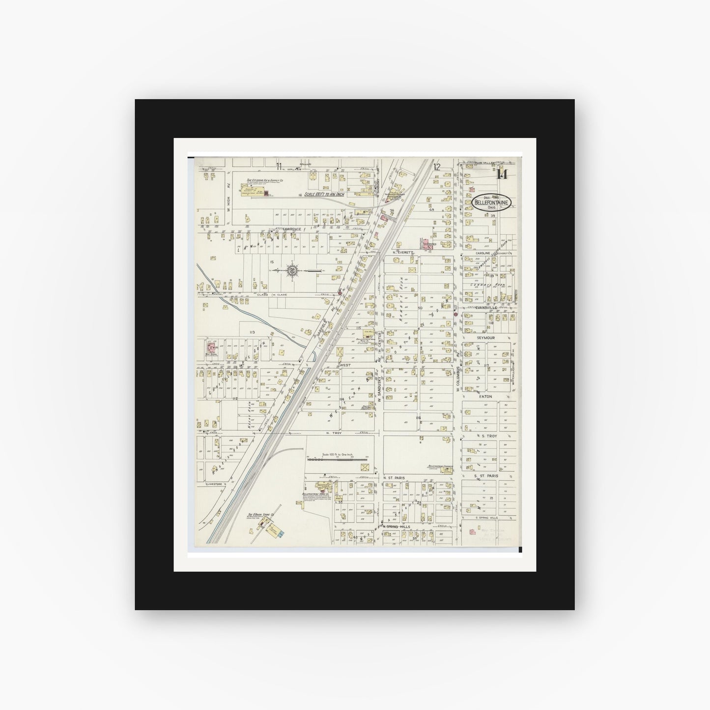 Old map wall art mockup — black gallery frame with white mat — Sanborn Fire Insurance Map from Bellefontaine, Logan County, Ohio (1914), Sheet #0014