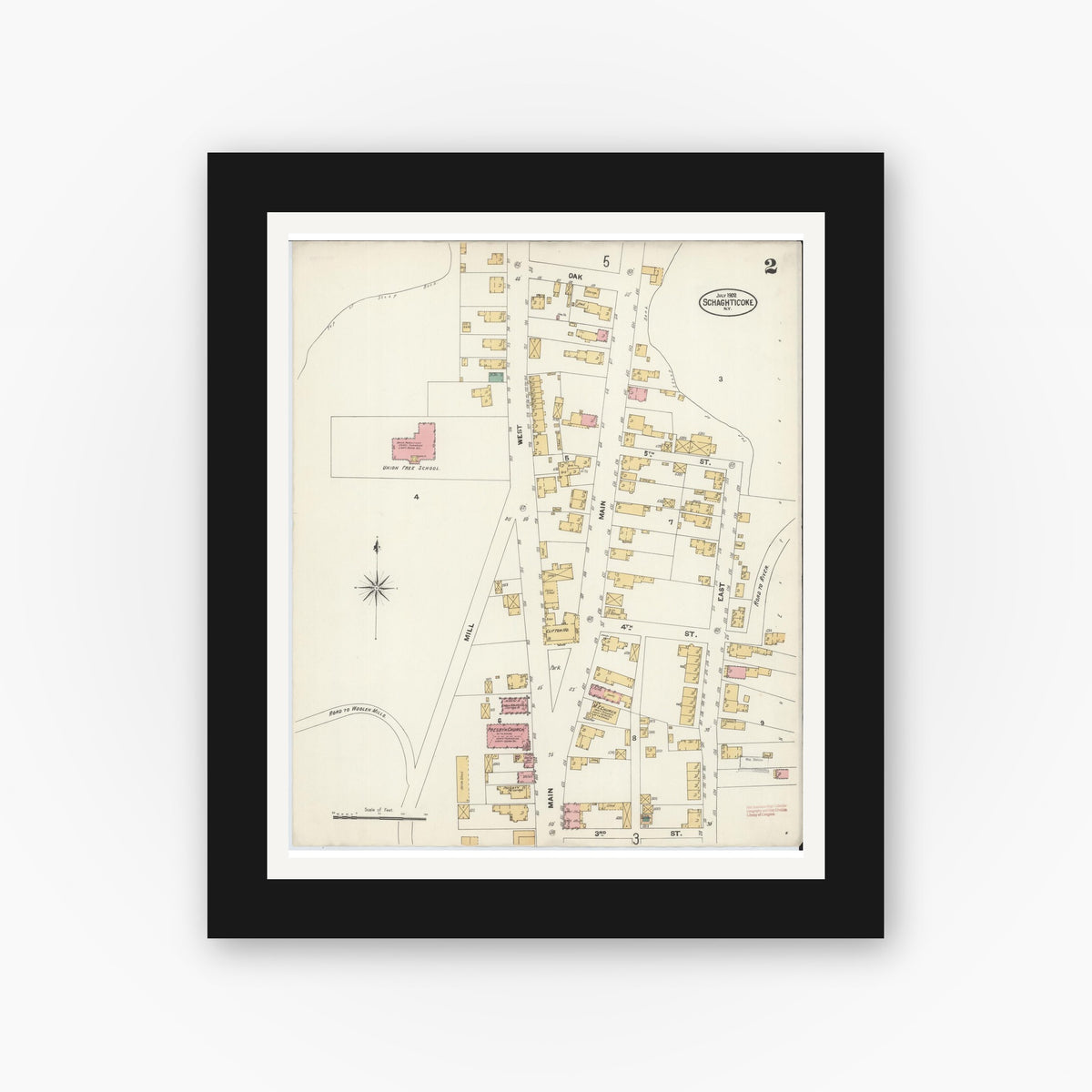 Old map wall art mockup — black gallery frame with white mat — Sanborn Fire Insurance Map from Schaghticoke, Rensselaer County, New York (1902), Sheet #0002