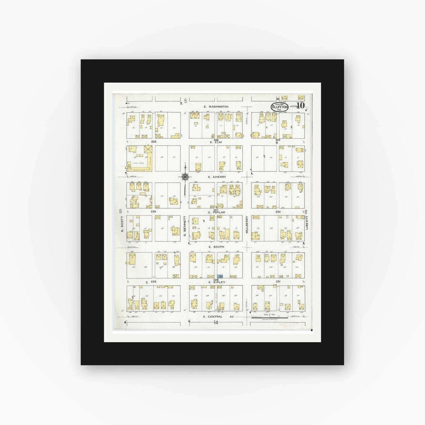 Old map wall art mockup — black gallery frame with white mat — Sanborn Fire Insurance Map from Bluffton, Wells County, Indiana (1919), Sheet #0010