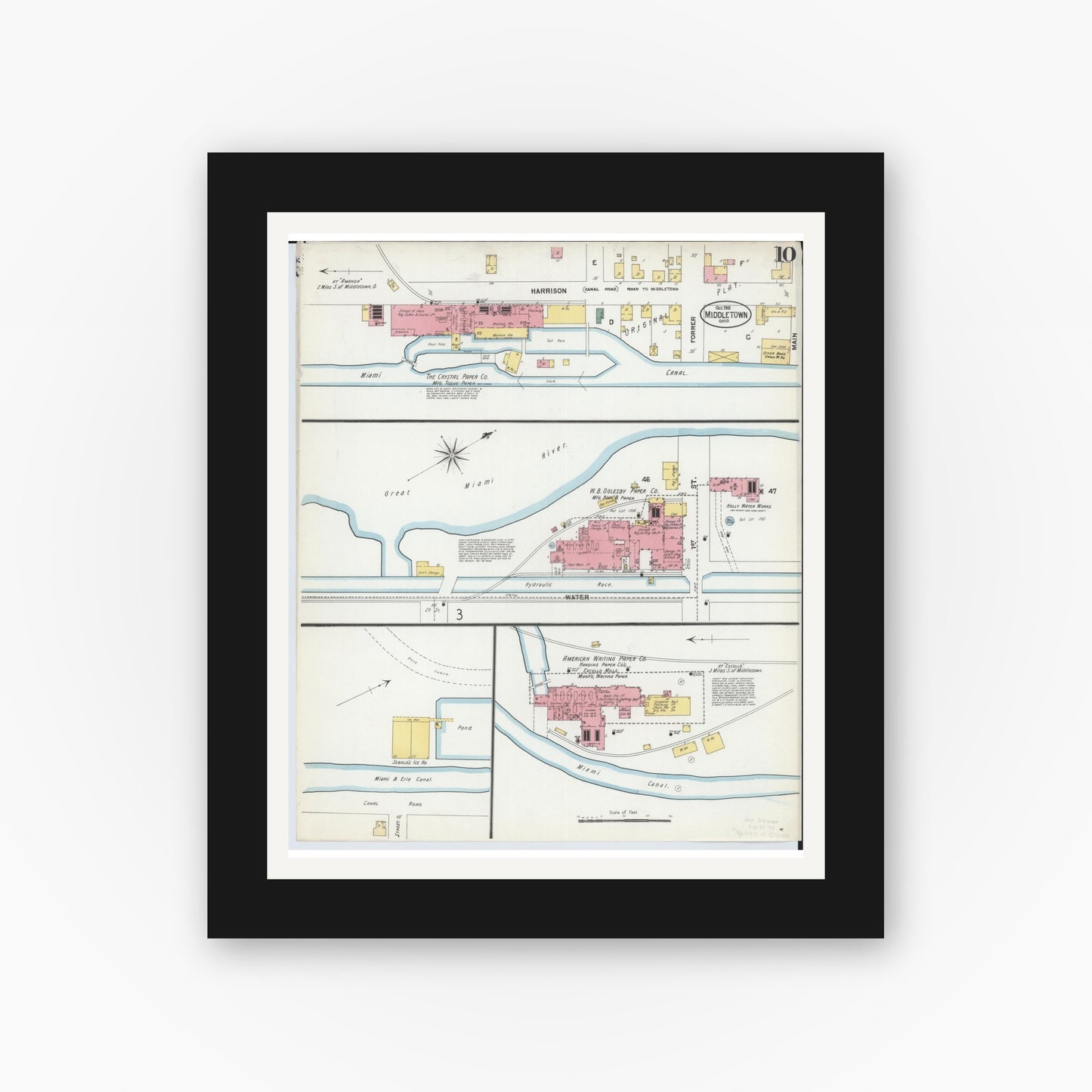 Old map wall art mockup — black gallery frame with white mat — Sanborn Fire Insurance Map from Middletown, Butler County, Ohio (1901), Sheet #0010