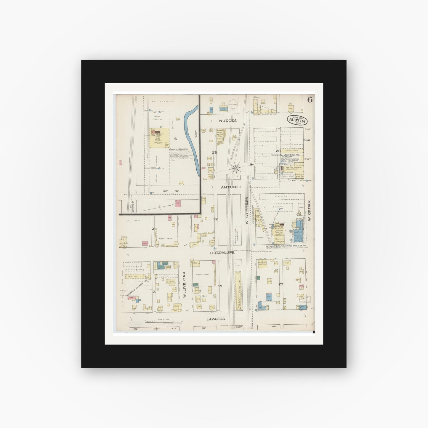 Old map wall art mockup — black gallery frame with white mat — Sanborn Fire Insurance Map from Austin, Travis County, Texas (1885), Sheet #0006