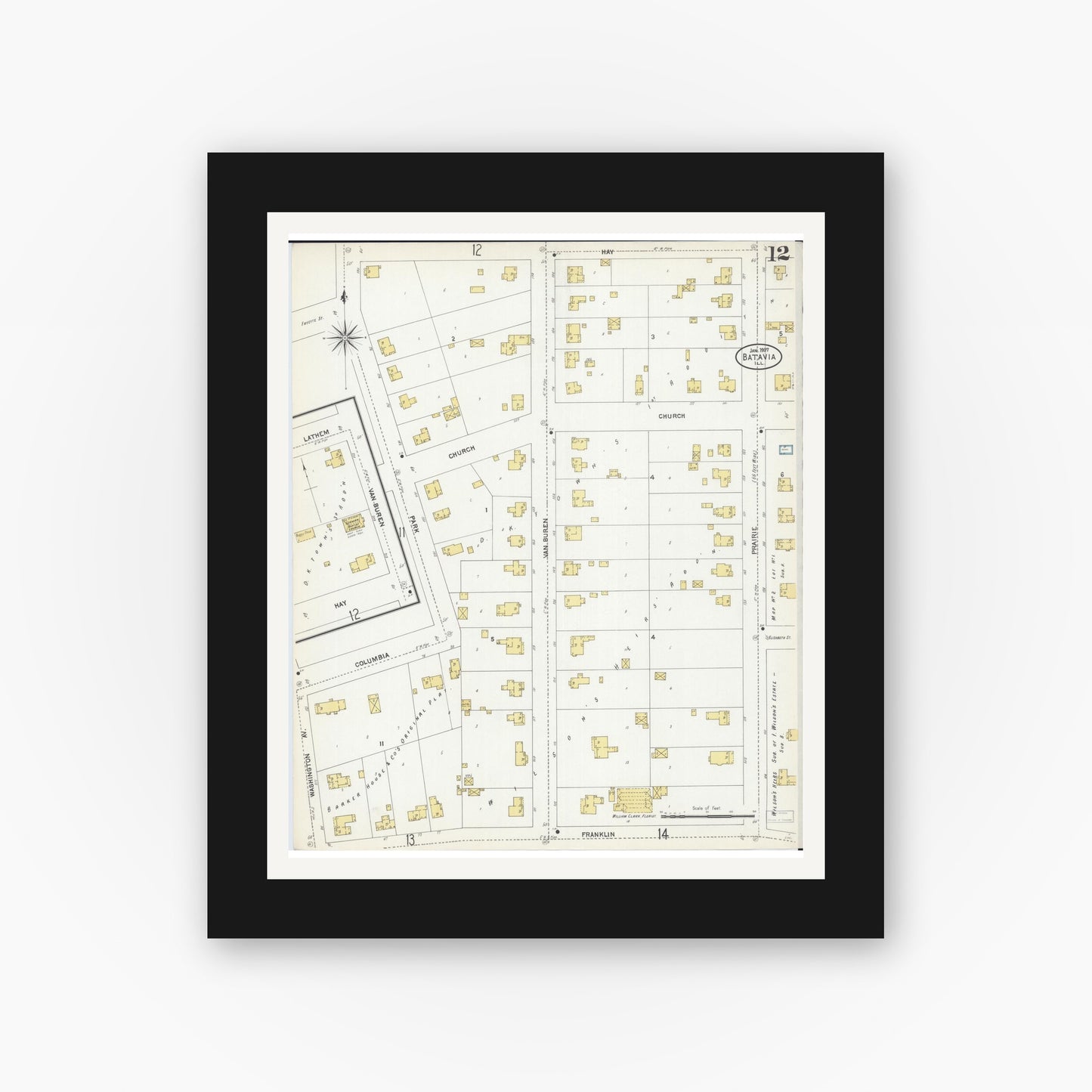 Old map wall art mockup — black gallery frame with white mat — Sanborn Fire Insurance Map from Batavia, Kane County, Illinois (1907), Sheet #0012