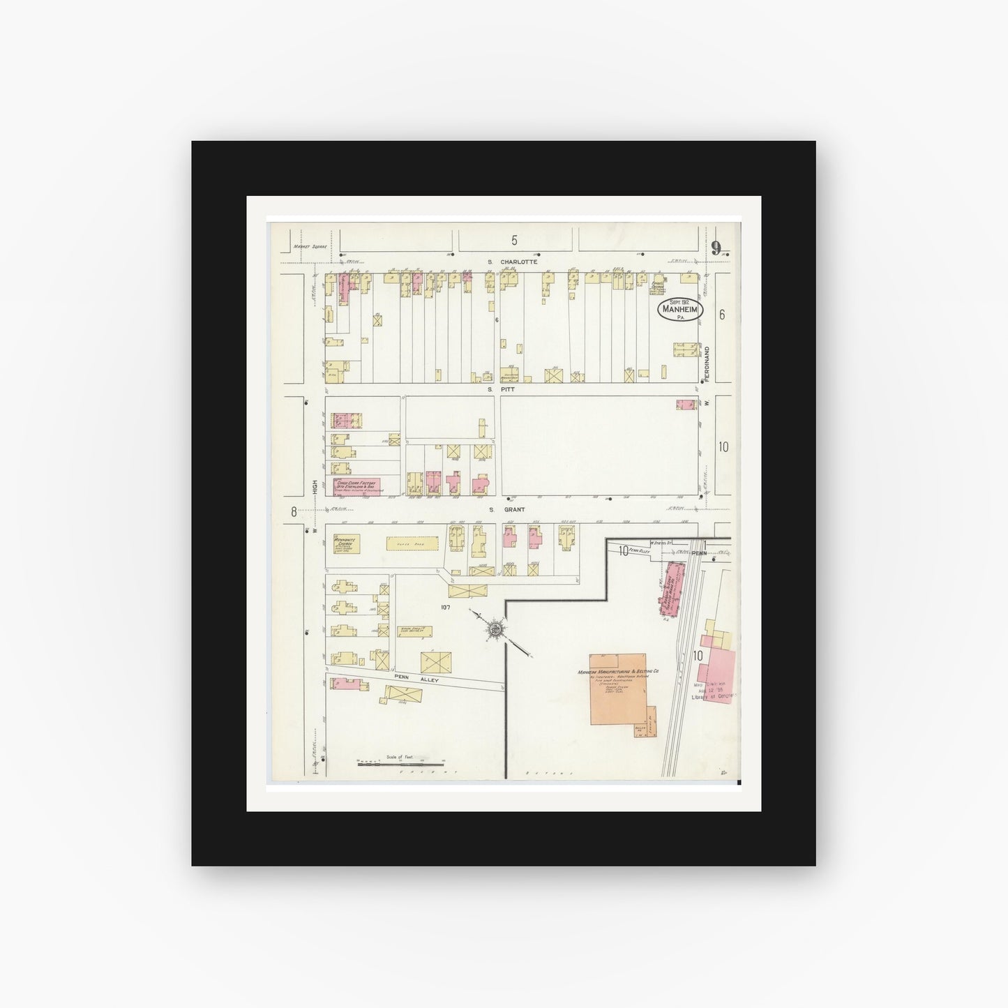 Old map wall art mockup — black gallery frame with white mat — Sanborn Fire Insurance Map from Manheim, Lancaster County, Pennsylvania (1912), Sheet #0009