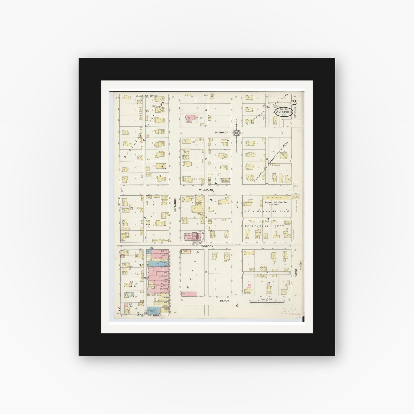 Old map wall art mockup — black gallery frame with white mat — Sanborn Fire Insurance Map from Archbold, Fulton County, Ohio (1914), Sheet #0002