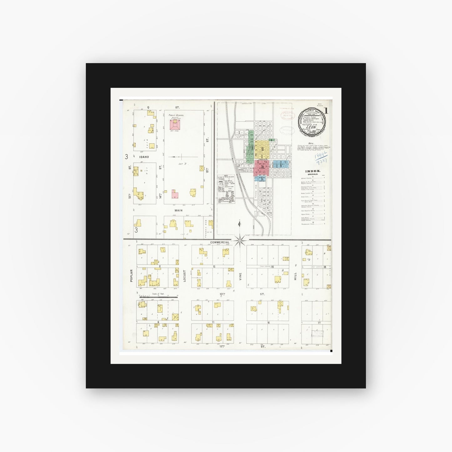 Old map wall art mockup — black gallery frame with white mat — Sanborn Fire Insurance Map from Leon, Decatur County, Iowa (1898), Sheet #0001
