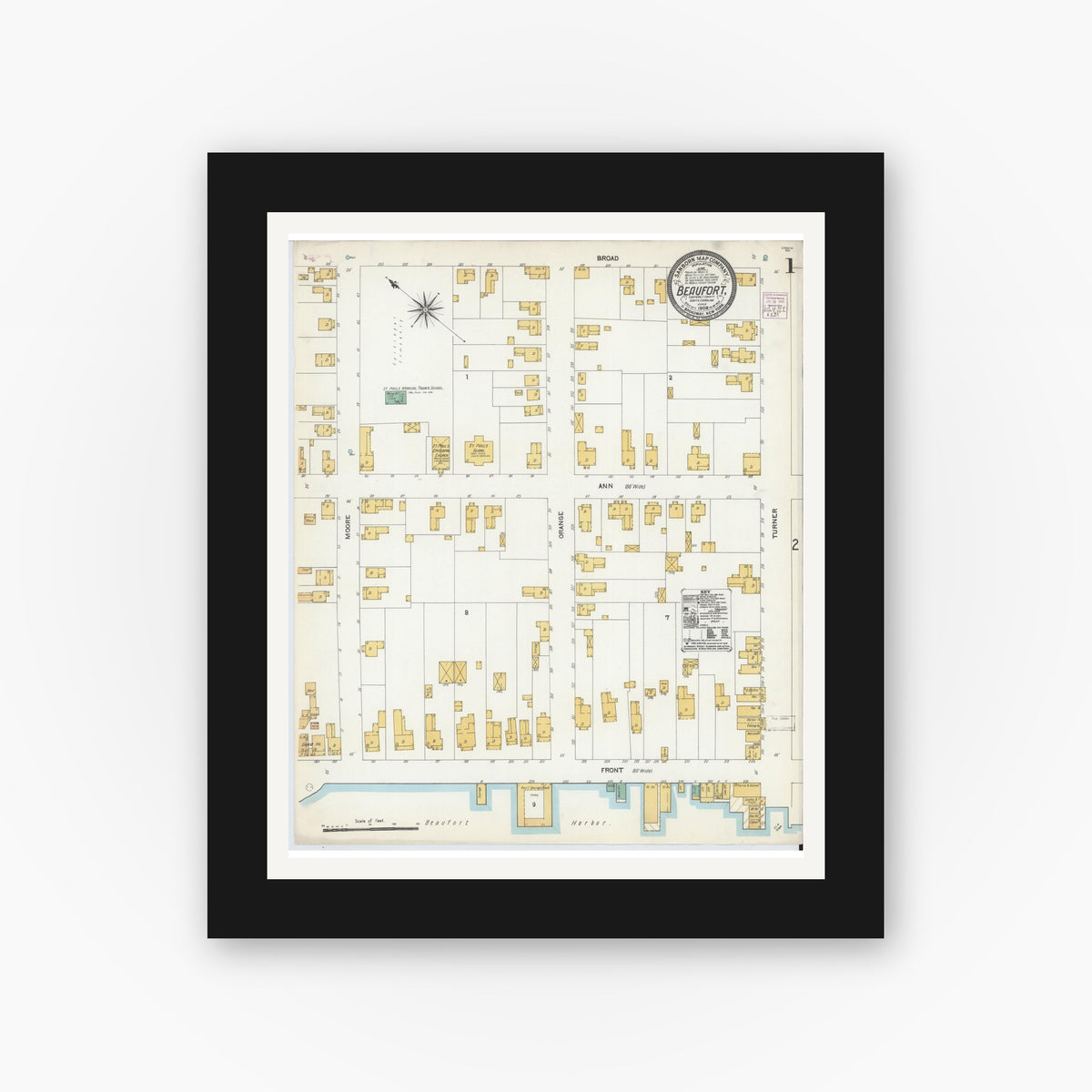 Old map wall art mockup — black gallery frame with white mat — Sanborn Fire Insurance Map from Beaufort, Carteret County, North Carolina (1904), Sheet #0001