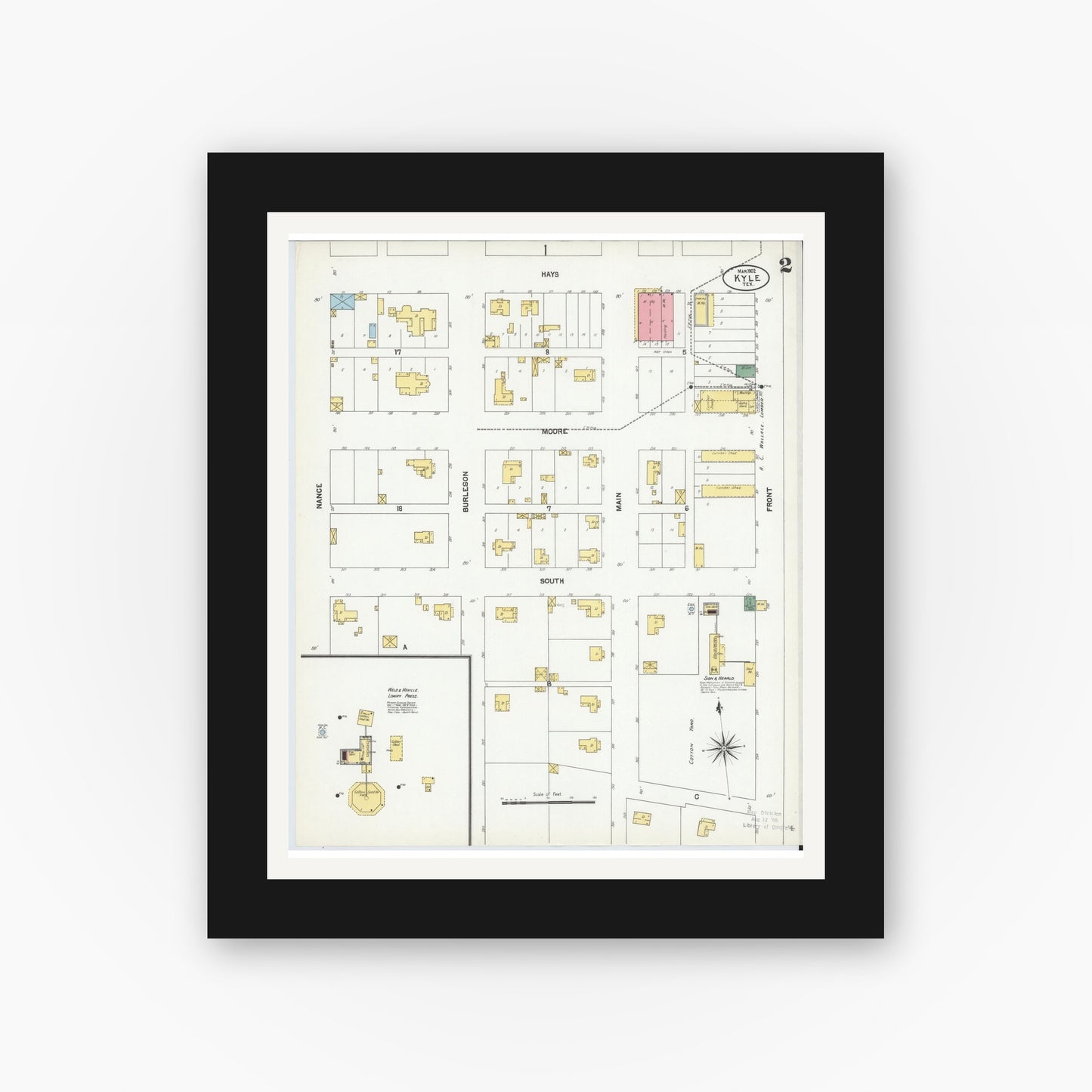 Old map wall art mockup — black gallery frame with white mat — Sanborn Fire Insurance Map from Kyle, Hays County, Texas (1902), Sheet #0002
