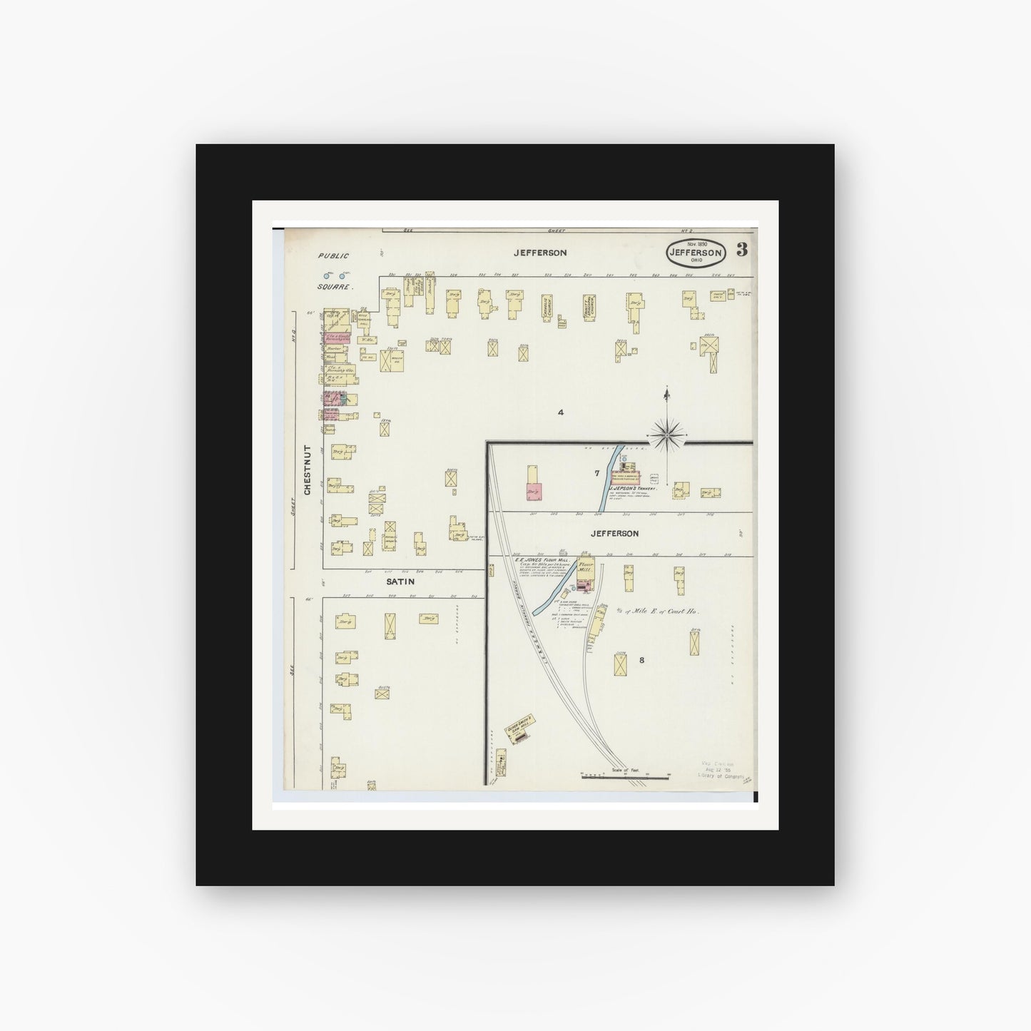 Old map wall art mockup — black gallery frame with white mat — Sanborn Fire Insurance Map from Jefferson, Ashtabula County, Ohio (1890), Sheet #0003