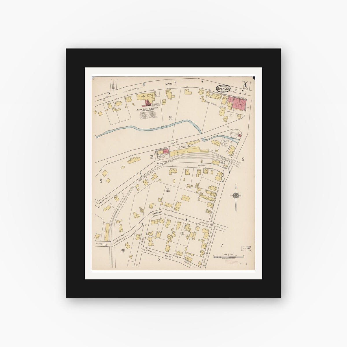 Old map wall art mockup — black gallery frame with white mat — Sanborn Fire Insurance Map from Spencer, Worcester County, Massachusetts (1922), Sheet #0004