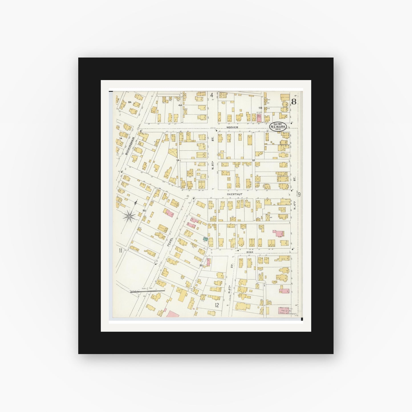 Old map wall art mockup — black gallery frame with white mat — Sanborn Fire Insurance Map from Newark, Licking County, Ohio (1905), Sheet #0008