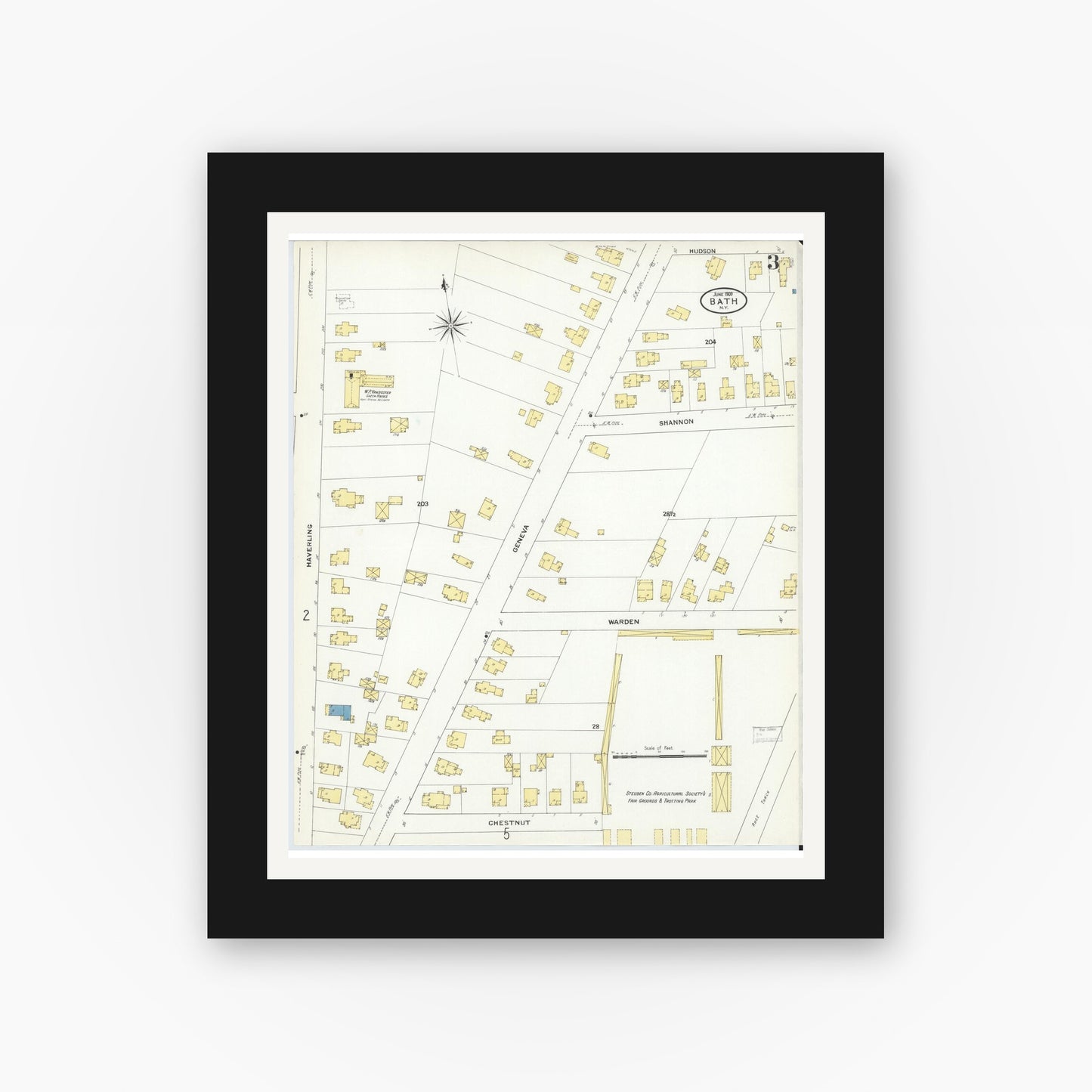 Old map wall art mockup — black gallery frame with white mat — Sanborn Fire Insurance Map from Bath, Steuben County, New York (1909), Sheet #0003