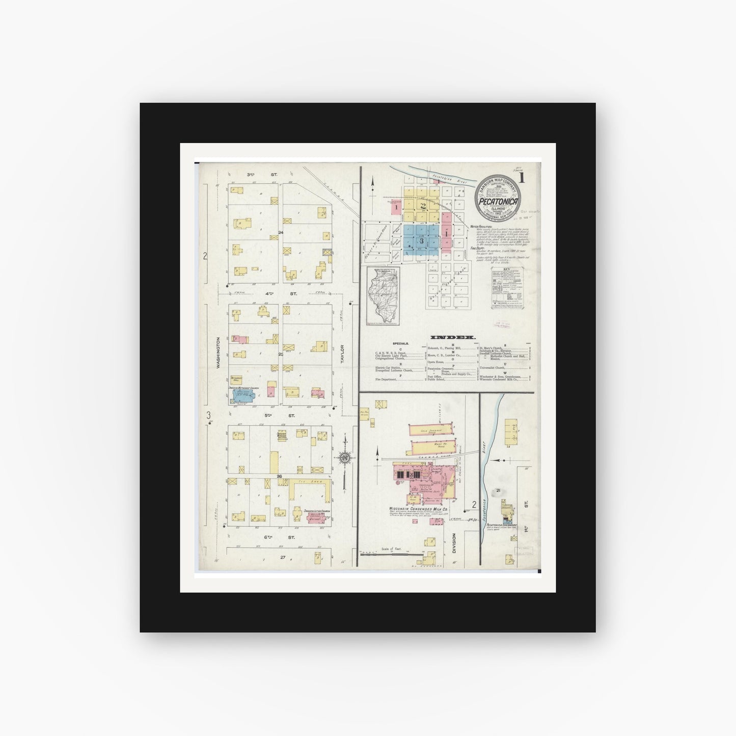 Old map wall art mockup — black gallery frame with white mat — Sanborn Fire Insurance Map from Pecatonica, Winnebago County, Illinois (1912), Sheet #0001