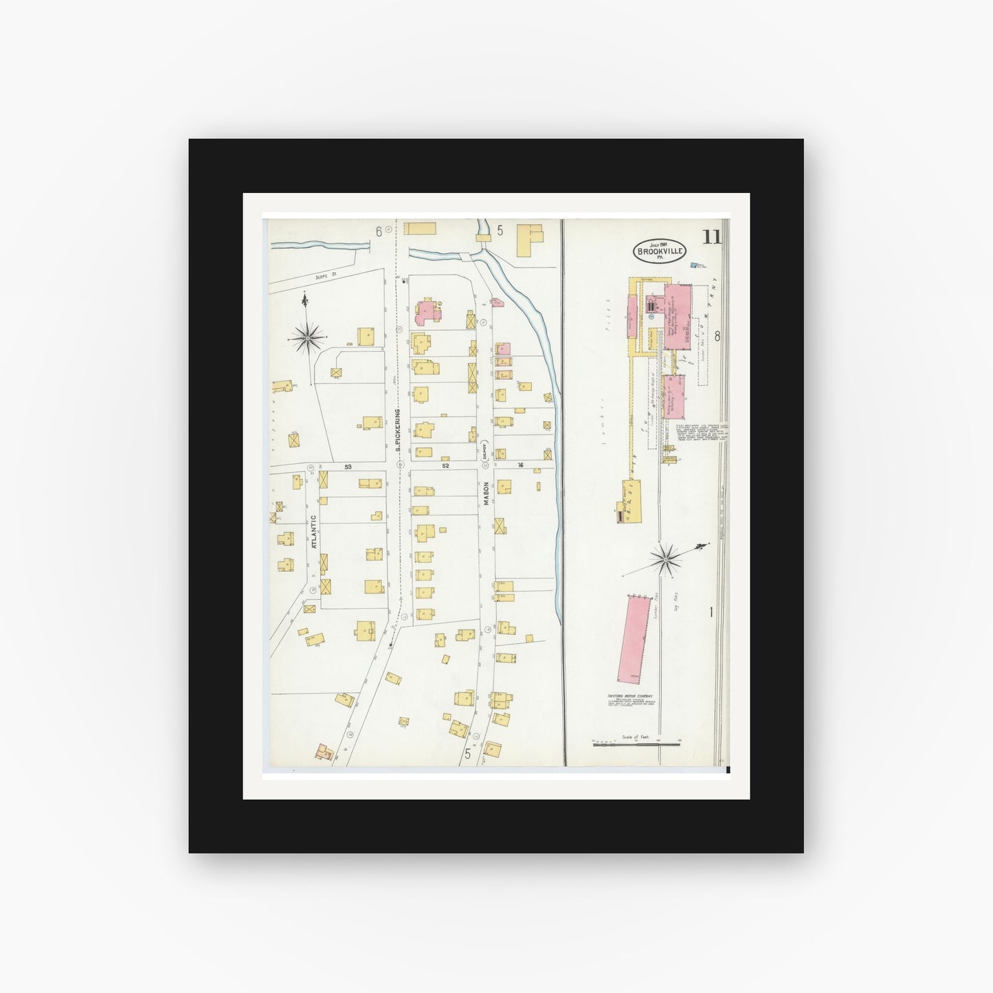 Old map wall art mockup — black gallery frame with white mat — Sanborn Fire Insurance Map from Brookville, Jefferson County, Pennsylvania (1904), Sheet #0011