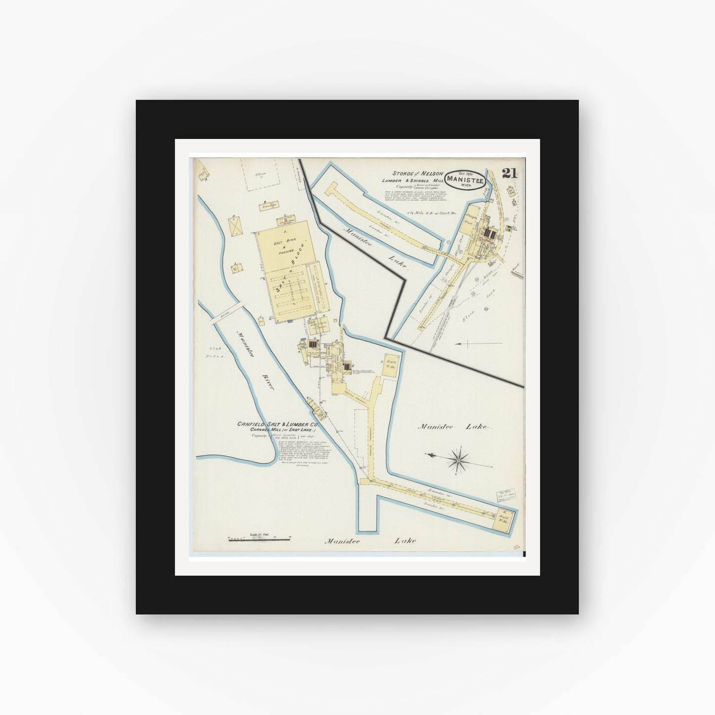 Old map wall art mockup — black gallery frame with white mat — Sanborn Fire Insurance Map from Manistee, Manistee County, Michigan (1890), Sheet #0021