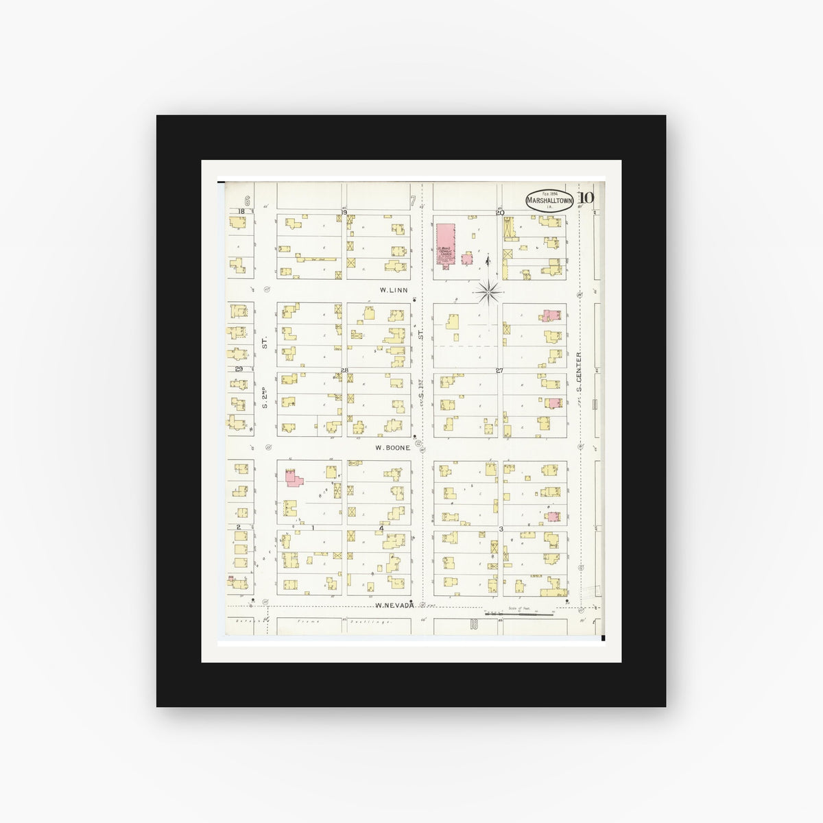 Old map wall art mockup — black gallery frame with white mat — Sanborn Fire Insurance Map from Marshalltown, Marshall County, Iowa (1894), Sheet #0010
