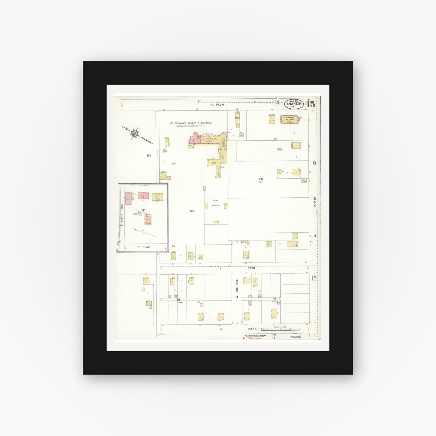 Old map wall art mockup — black gallery frame with white mat — Sanborn Fire Insurance Map from Anaheim, Orange County, California (1911), Sheet #0015