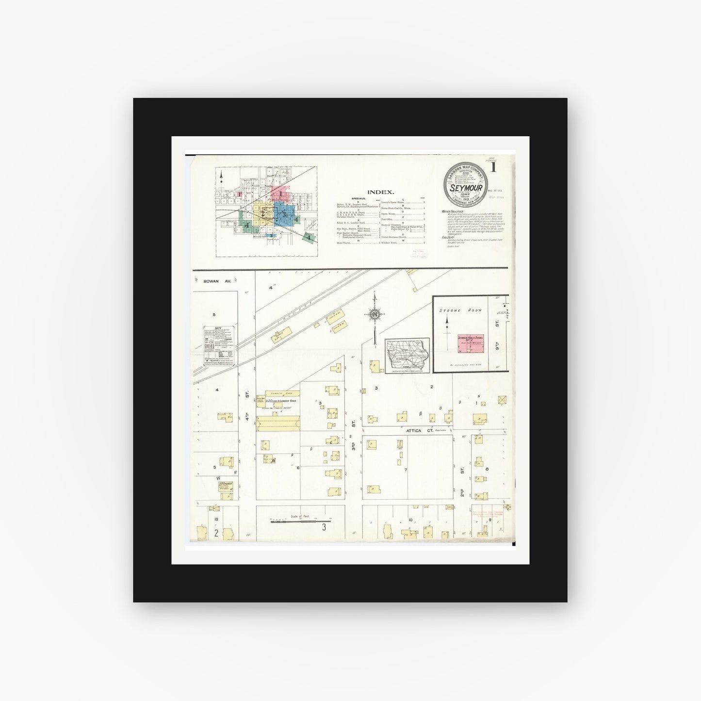 Old map wall art mockup — black gallery frame with white mat — Sanborn Fire Insurance Map from Seymour, Wayne County, Iowa (1913), Sheet #0001