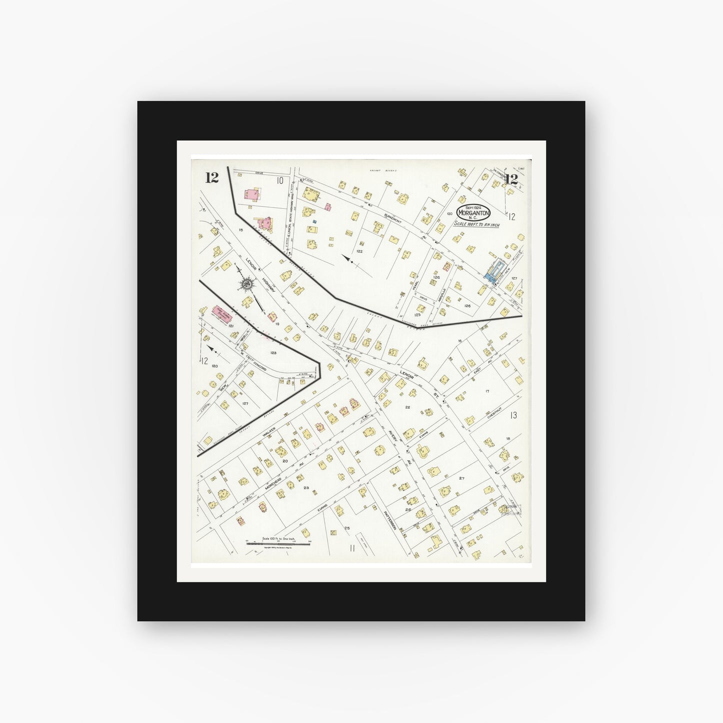 Old map wall art mockup — black gallery frame with white mat — Sanborn Fire Insurance Map from Morganton, Burke County, North Carolina (1924), Sheet #0012