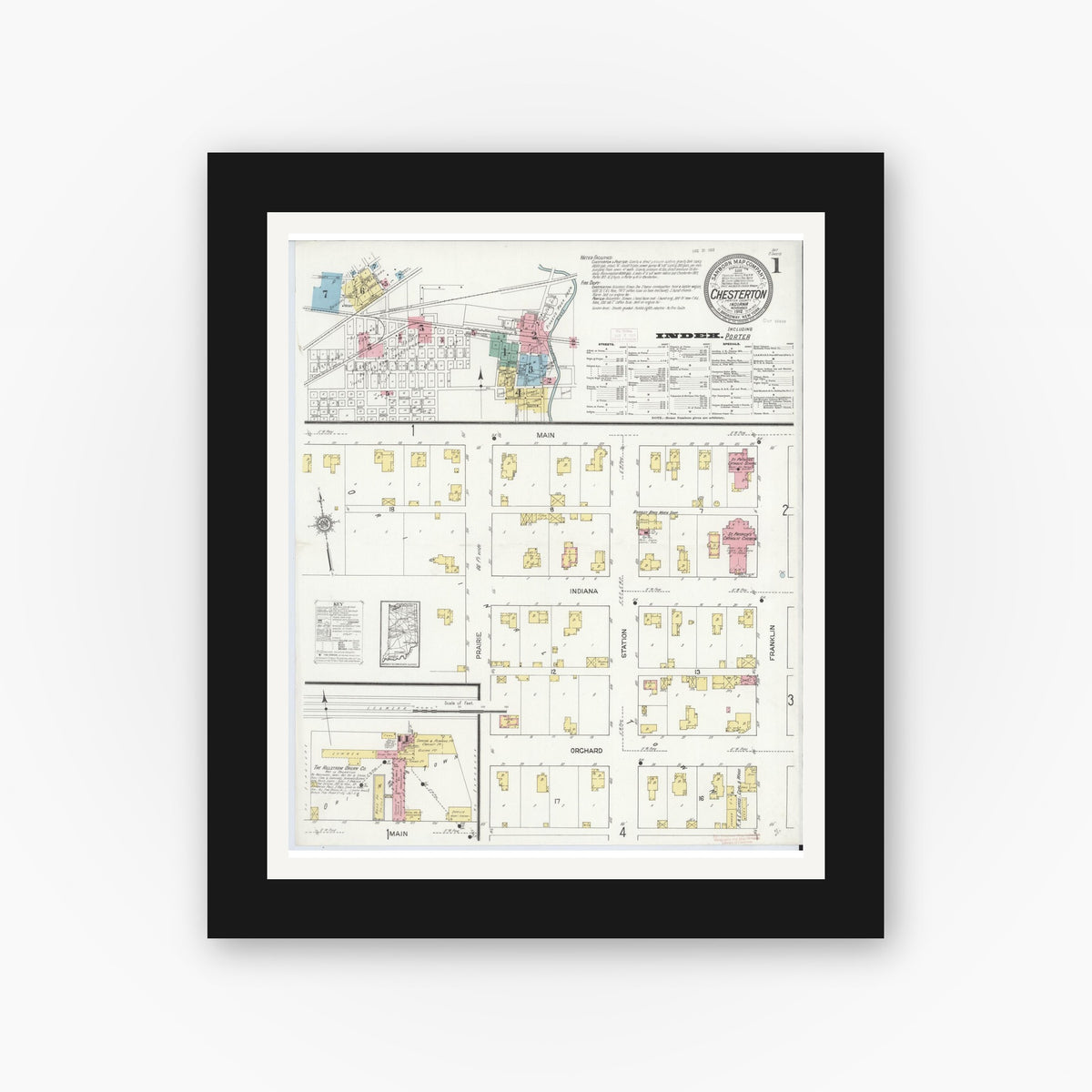 Old map wall art mockup — black gallery frame with white mat — Sanborn Fire Insurance Map from Chesterton, Porter County, Indiana (1912) - Complete Map Set