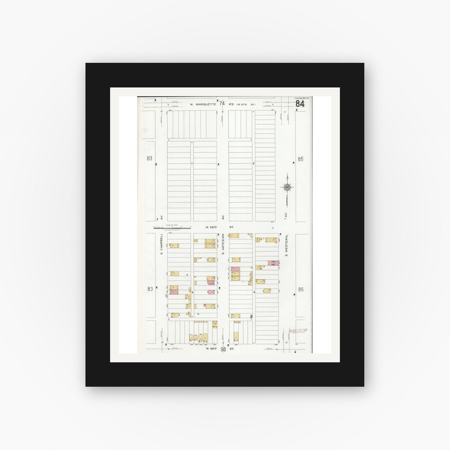 Old map wall art mockup — black gallery frame with white mat — Sanborn Fire Insurance Map from Chicago, Cook County, Illinois (1920), Sheet #0084