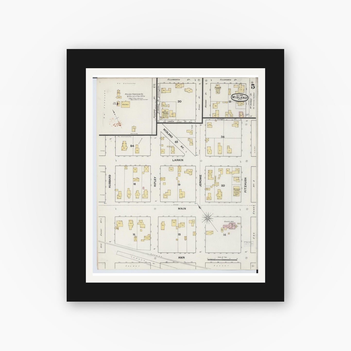 Old map wall art mockup — black gallery frame with white mat — Sanborn Fire Insurance Map from Midland, Midland County, Michigan (1889), Sheet #0005