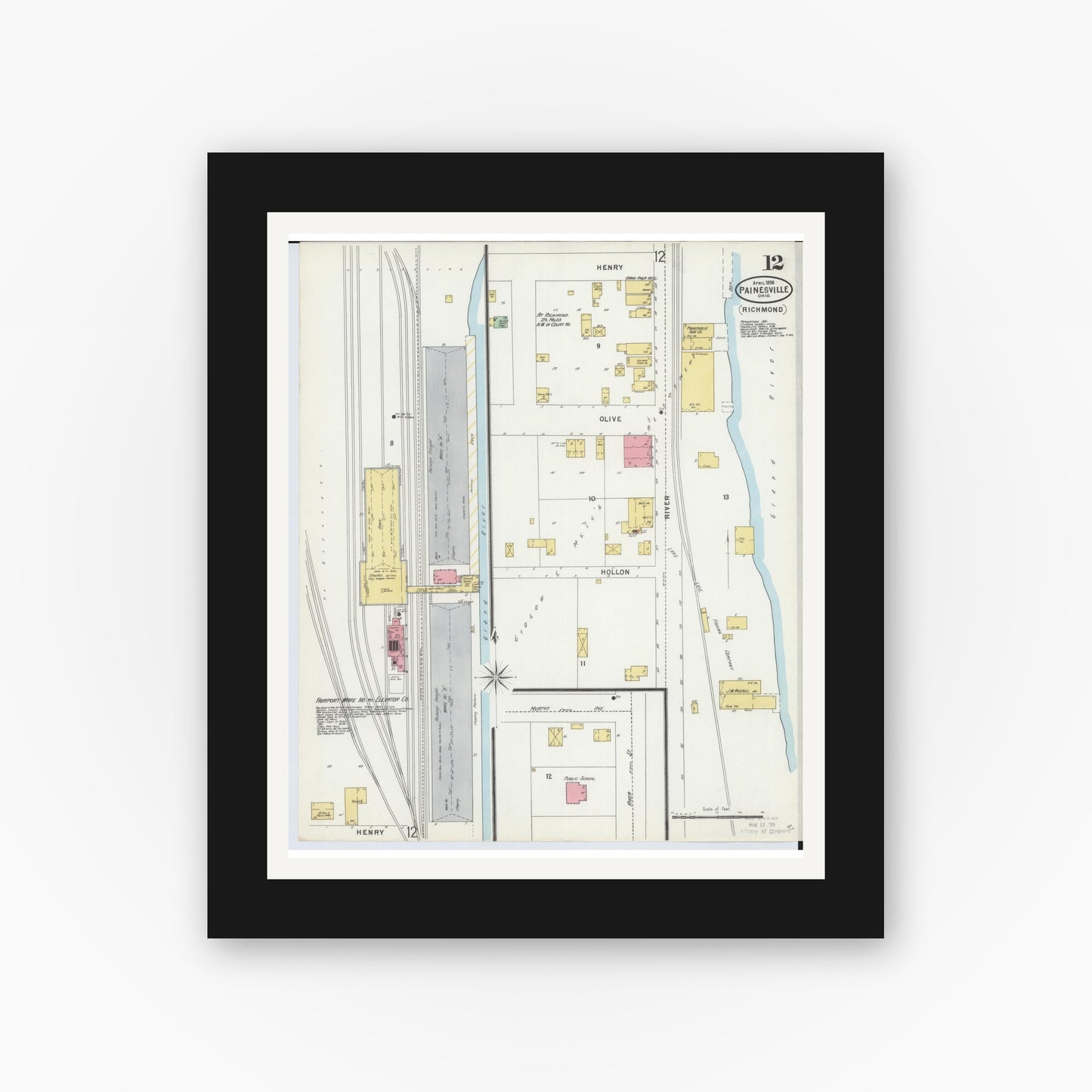 Old map wall art mockup — black gallery frame with white mat — Sanborn Fire Insurance Map from Painesville, Lake County, Ohio (1898), Sheet #0012