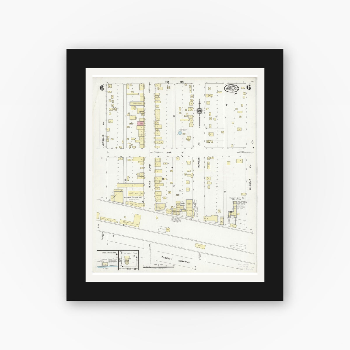 Old map wall art mockup — black gallery frame with white mat — Sanborn Fire Insurance Map from Weslaco, Hidalgo County, Texas (1925), Sheet #0006