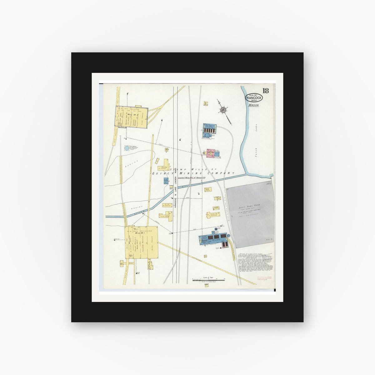 Old map wall art mockup β black gallery frame with white mat β Sanborn Fire Insurance Map from Hancock, Houghton County, Michigan (1917), Sheet #0018