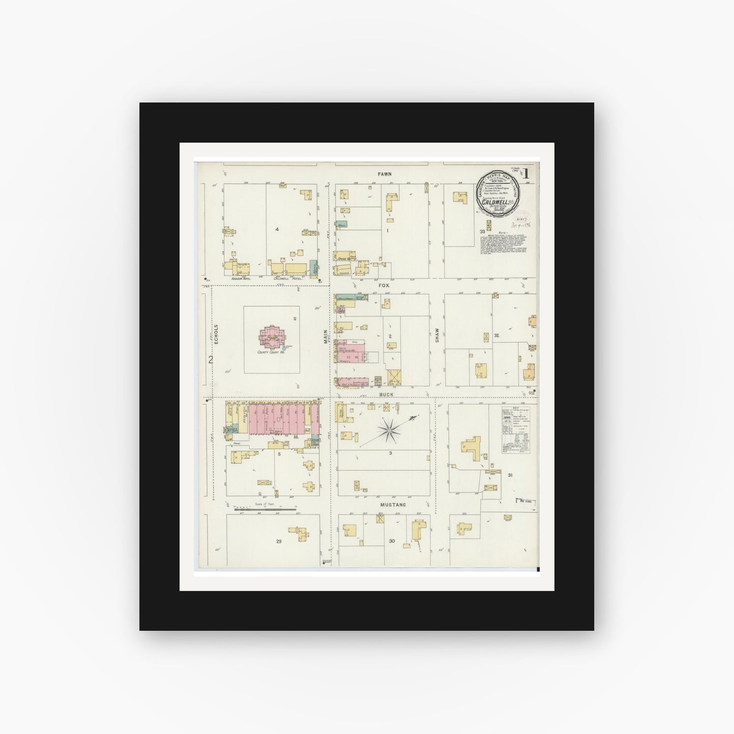 Old map wall art mockup — black gallery frame with white mat — Sanborn Fire Insurance Map from Caldwell, Burleson County, Texas (1896), Sheet #0001