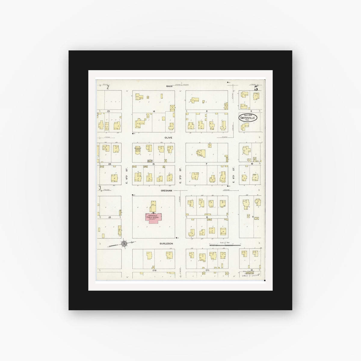 Old map wall art mockup — black gallery frame with white mat — Sanborn Fire Insurance Map from Smithville, Bastrop County, Texas (1909), Sheet #0005