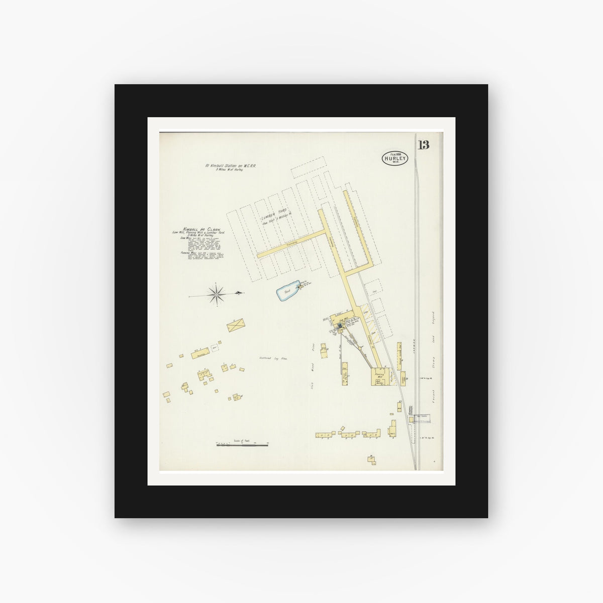 Old map wall art mockup — black gallery frame with white mat — Sanborn Fire Insurance Map from Hurley, Iron County, Wisconsin (1898), Sheet #0013