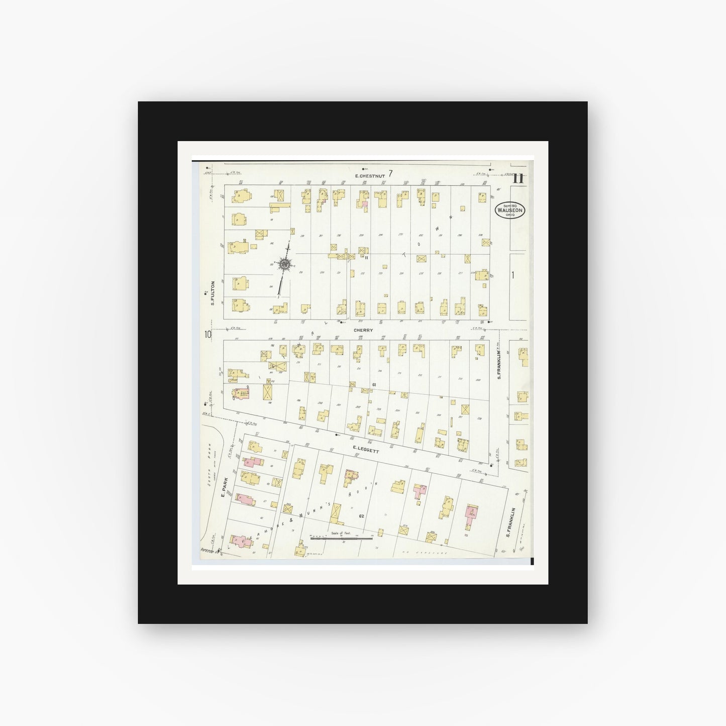 Old map wall art mockup — black gallery frame with white mat — Sanborn Fire Insurance Map from Wauseon, Fulton County, Ohio (1910), Sheet #0011