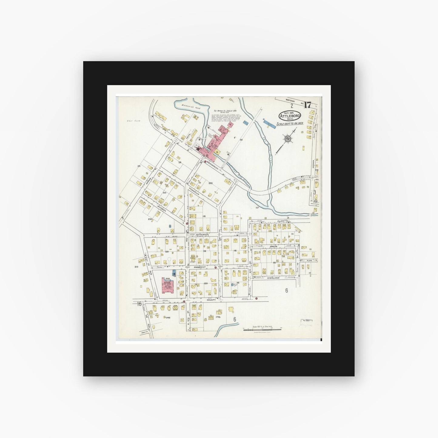 Old map wall art mockup — black gallery frame with white mat — Sanborn Fire Insurance Map from Attleboro, Bristol County, Massachusetts (1916), Sheet #0017